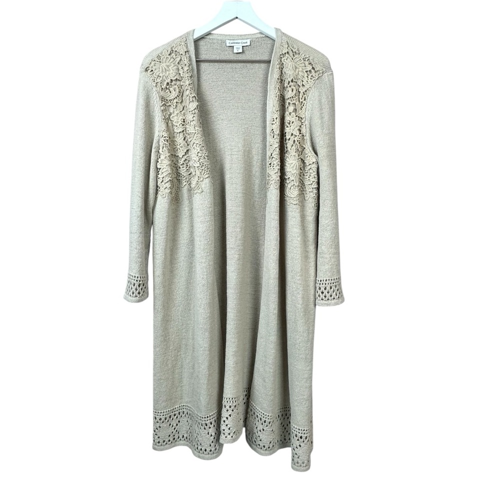 Coldwater Creek Beige Crochet Lace Linen Blend Cardigan Long Sweater Women Sz XL